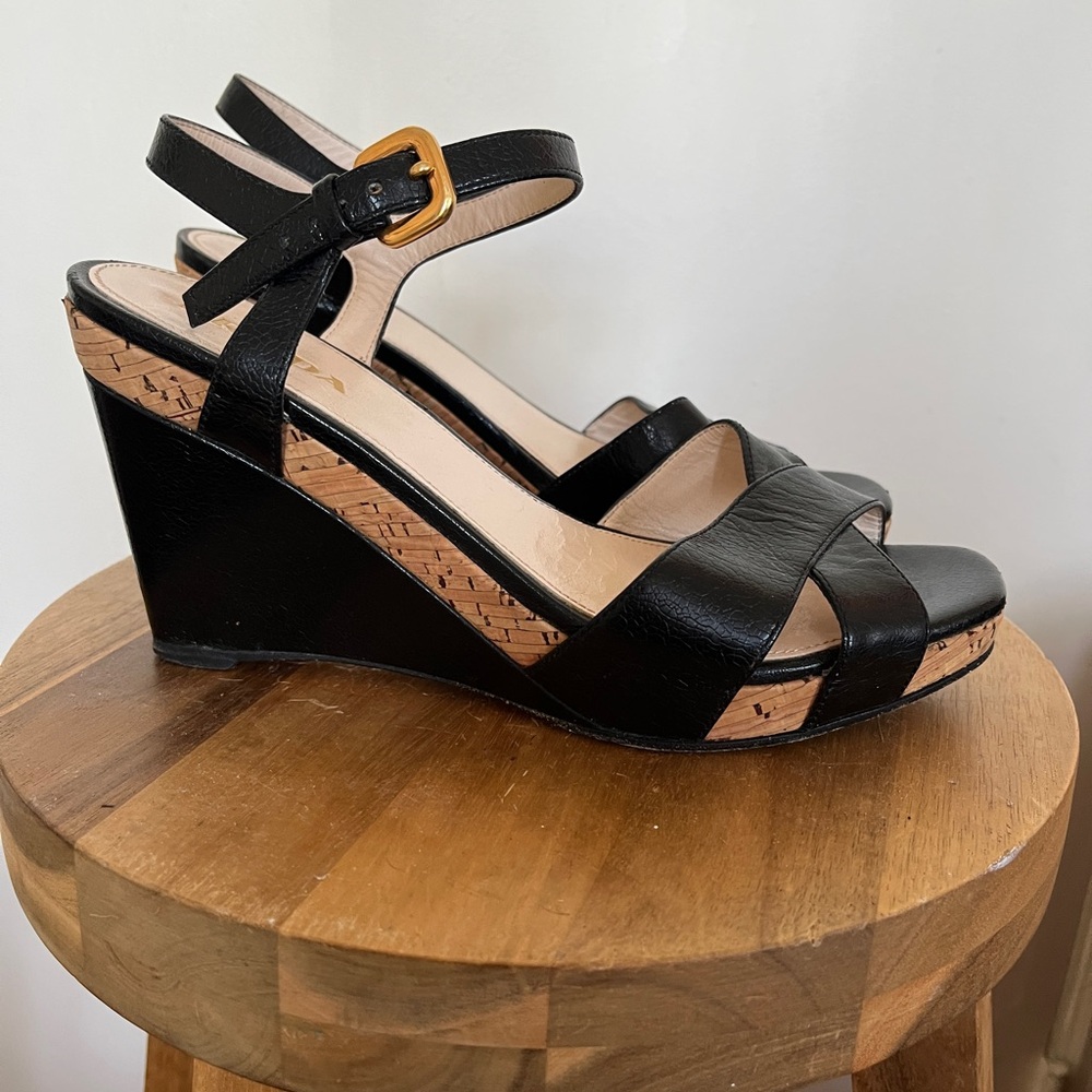 Prada Black and Cork Wedge Sandals Size 37 1/2